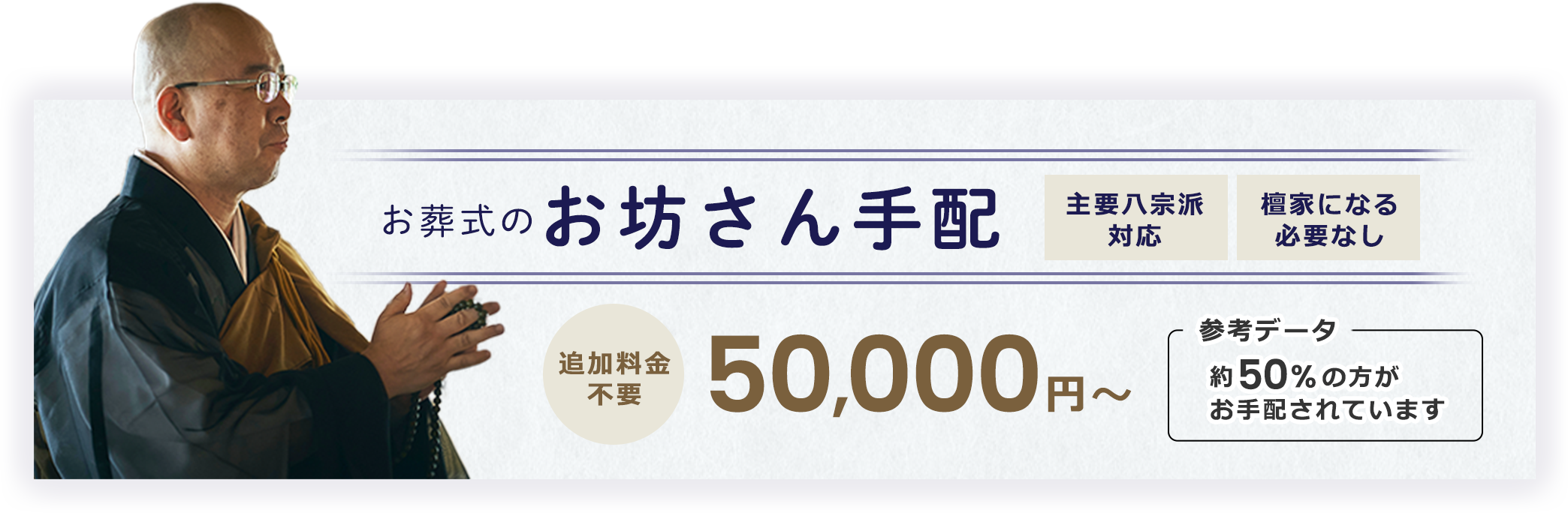 お葬式のお坊さん手配 追加料金不要 50,000円～